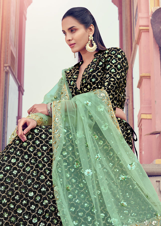 Black and Green Sequence Embroidered Lehenga