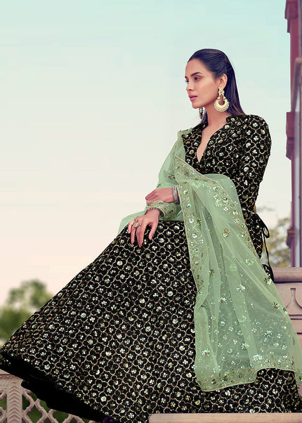 Black and Green Sequence Embroidered Lehenga