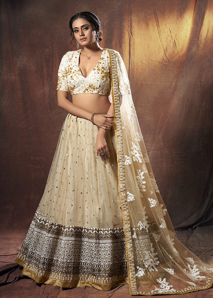 Beige and Offwhite Embroidered Lehenga