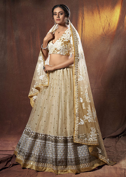 Beige and Offwhite Embroidered Lehenga