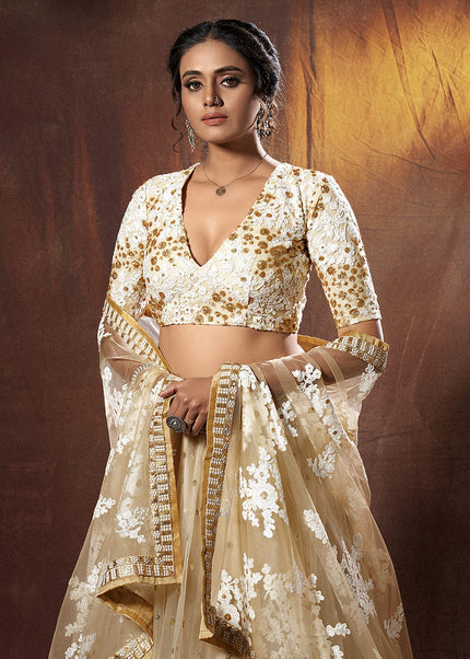 Beige and Offwhite Embroidered Lehenga