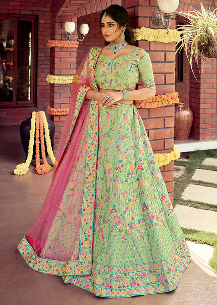 Green and Pink Embroidered Lehenga