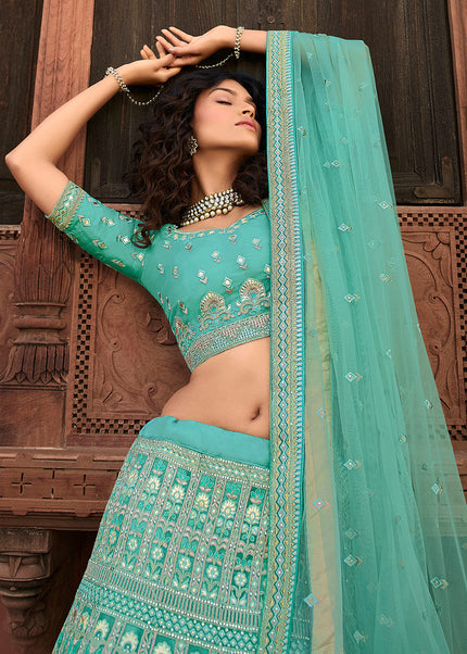 Turquoise and Gold Embroidered Lehenga