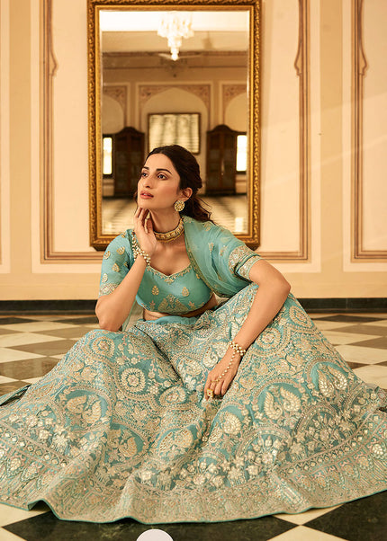 Turquoise and Gold Embroidered Lehenga