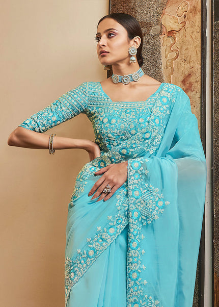 Light Blue Floral Embroidered Saree