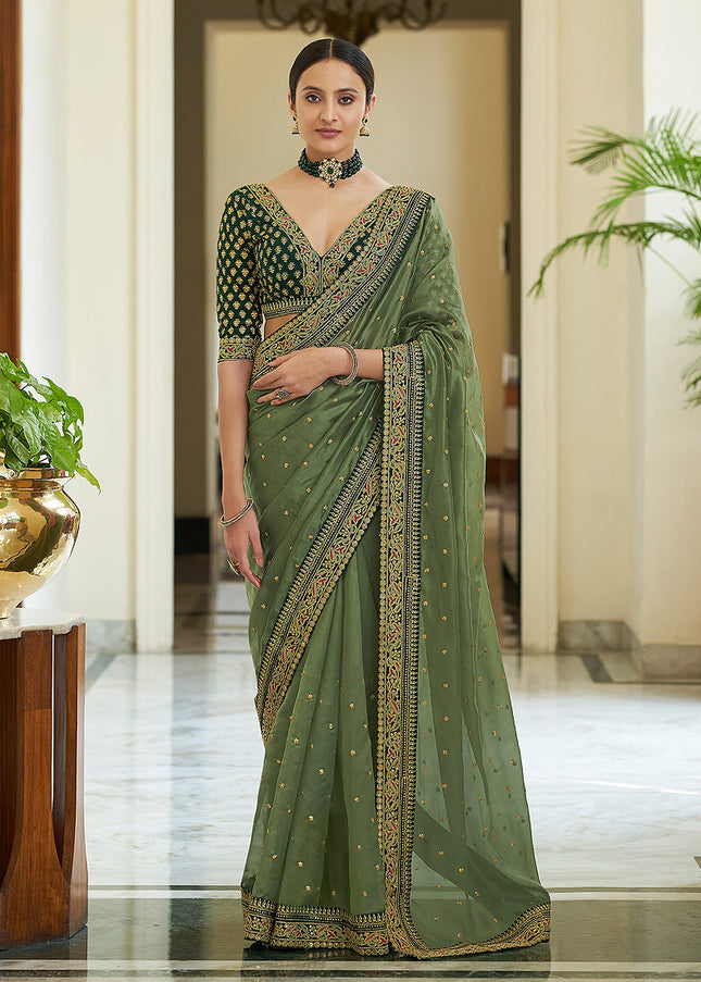 Olive Green and Gold Embroidered Saree