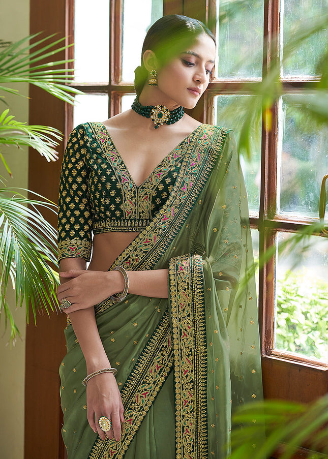 Olive Green and Gold Embroidered Saree