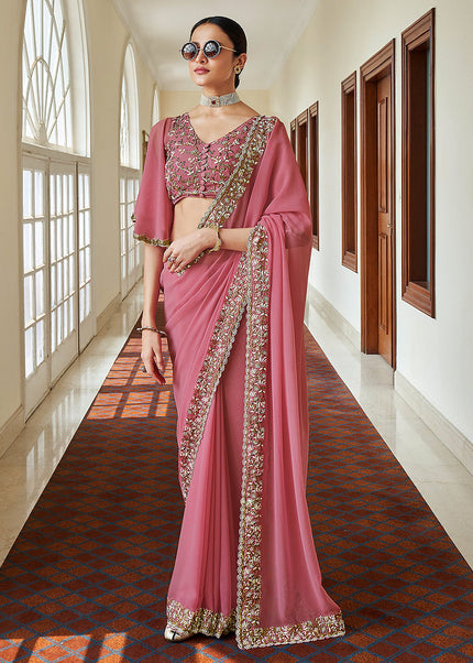 Pink and Gold Embroidered Saree