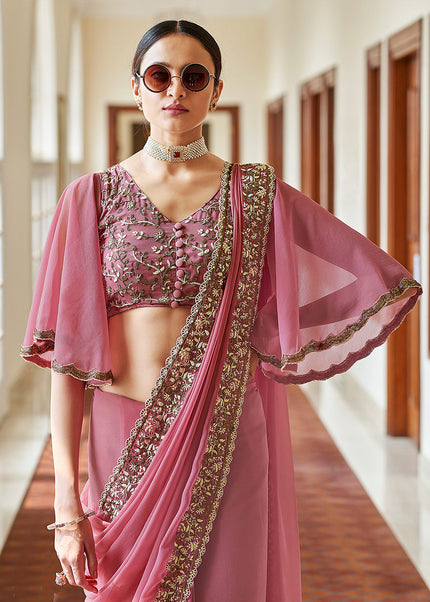 Pink and Gold Embroidered Saree