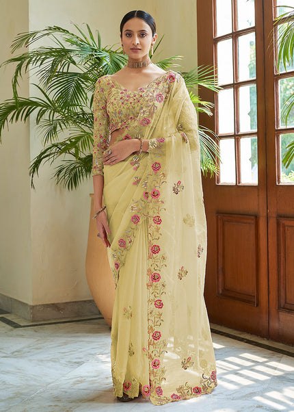 Lime Yellow Floral Embroidered Saree