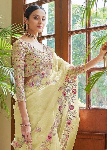 Lime Yellow Floral Embroidered Saree