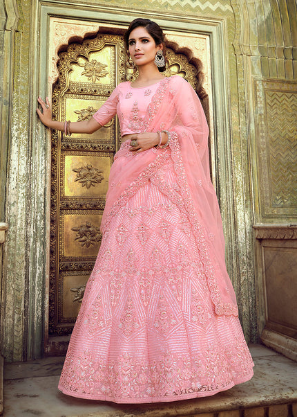 Peach Pink Embroidered Lehenga Choli