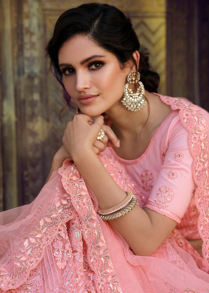 Peach Pink Embroidered Lehenga Choli