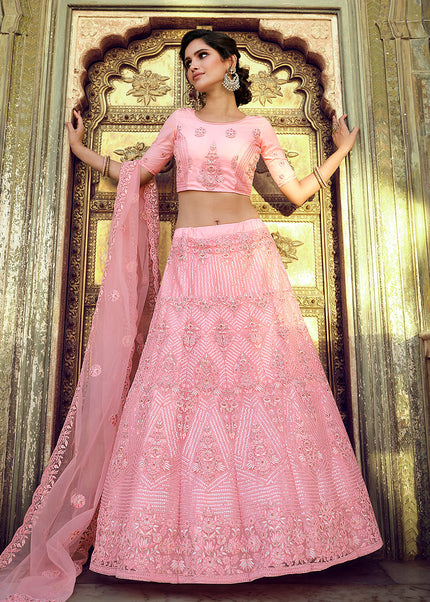 Peach Pink Embroidered Lehenga Choli