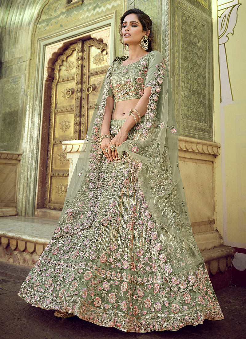 Green Color Floral Embroidered Lehenga