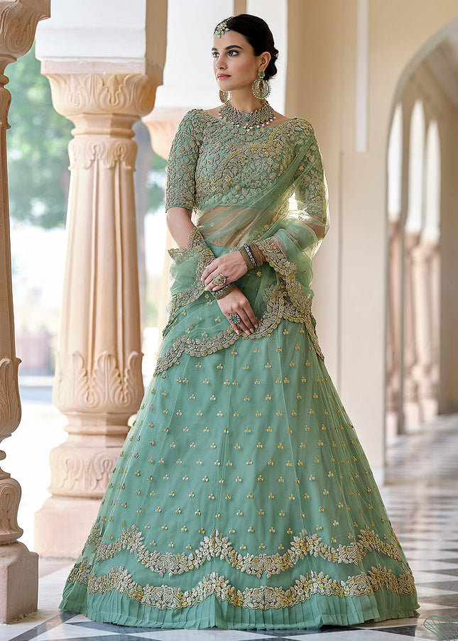 Pista Green and Gold Embroidered Lehenga