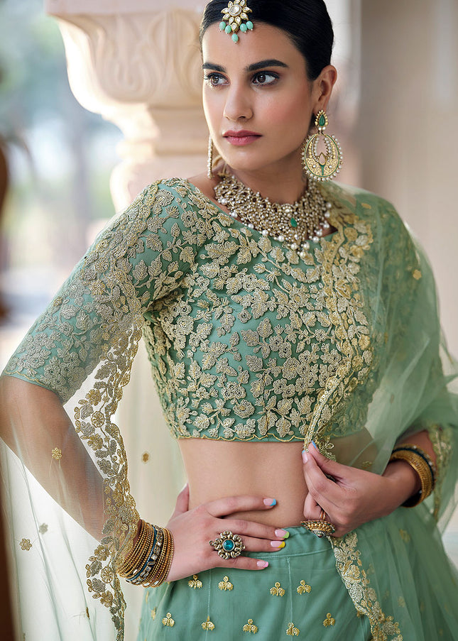 Pista Green and Gold Embroidered Lehenga