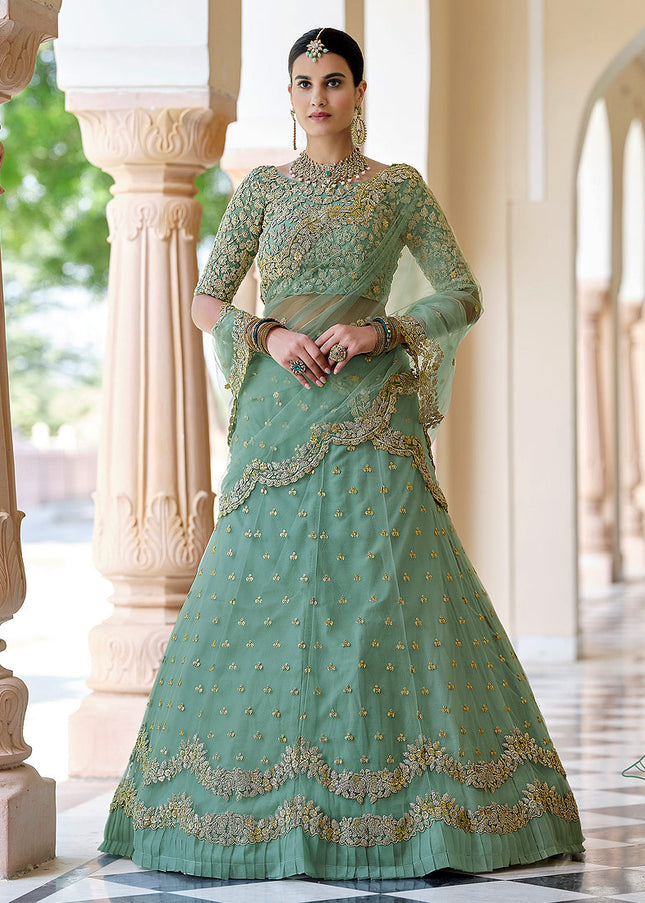 Pista Green and Gold Embroidered Lehenga