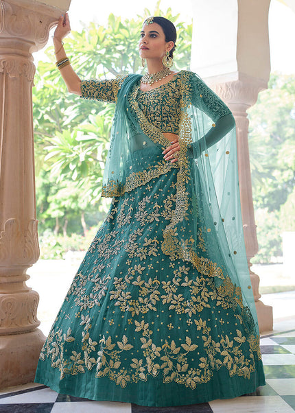 Rama Green and Gold Embroidered Lehenga