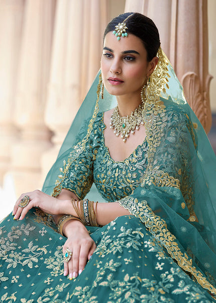 Rama Green and Gold Embroidered Lehenga