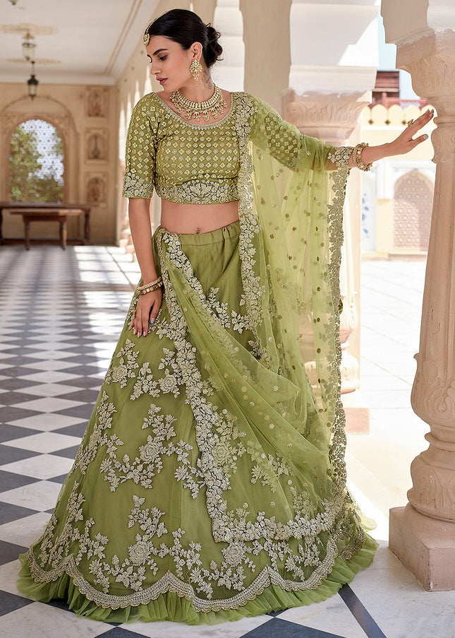 Olive Green and Gold Embroidered Lehenga