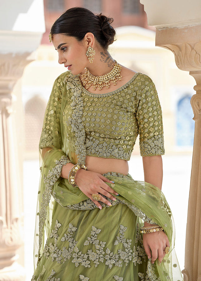 Olive Green and Gold Embroidered Lehenga