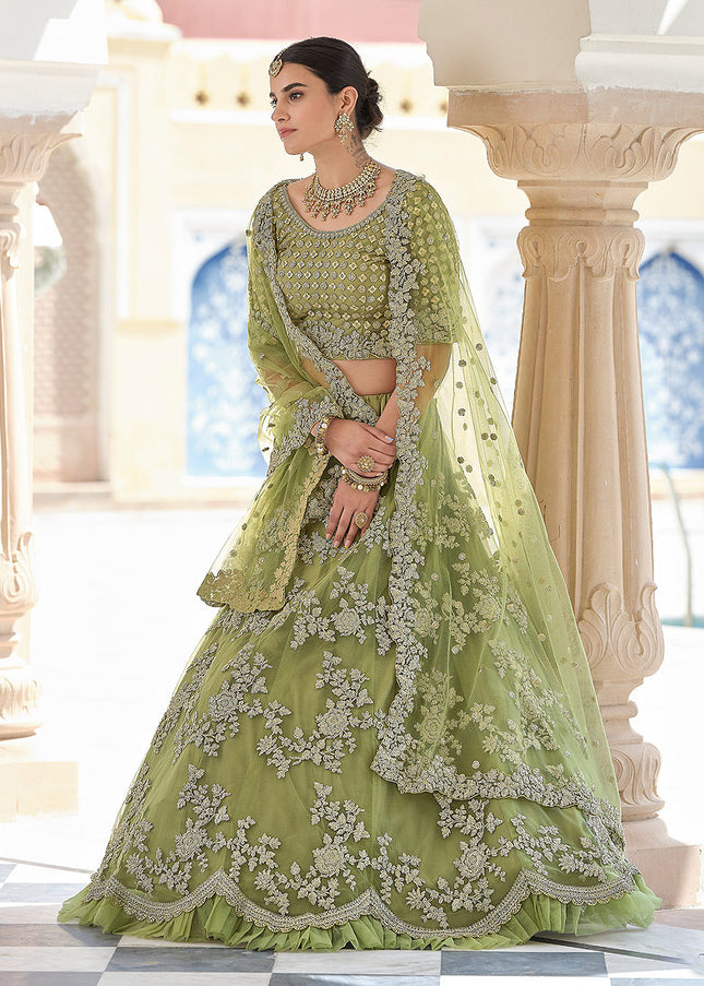 Olive Green and Gold Embroidered Lehenga