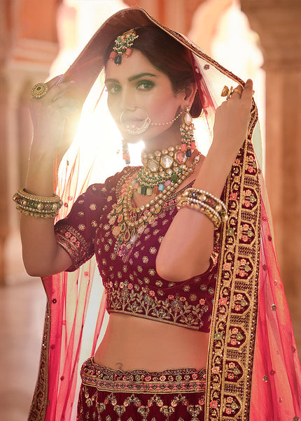 Maroon and Gold Embroidered Lehenga