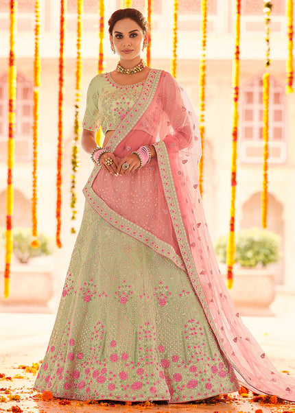 Light Green and Pink Embroidered Lehenga