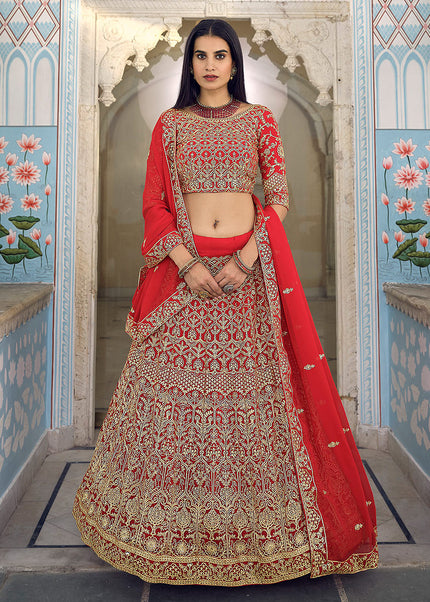 Red and Gold Embroidered Lehenga