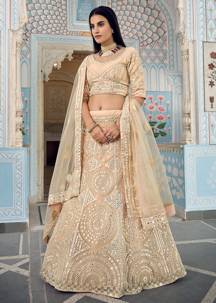 Cream Mirror Embroidered Lehenga