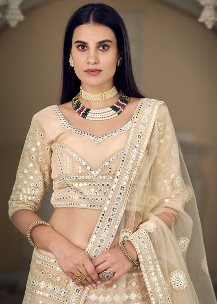 Cream Mirror Embroidered Lehenga