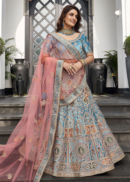Turquoise and Pink Embroidered Velvet Lehenga