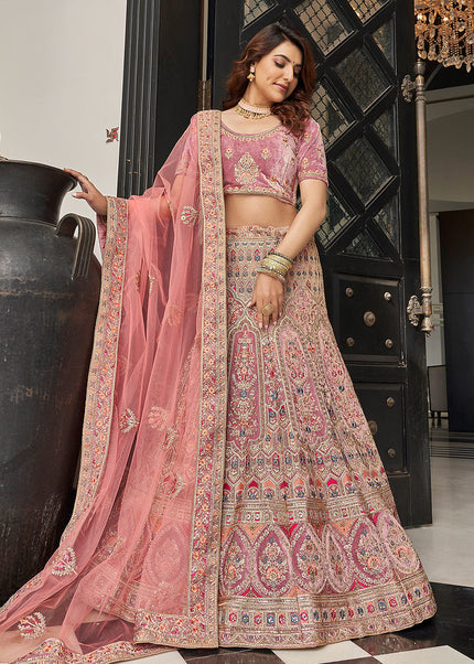 Mauve and Gold Embroidered Velvet Lehenga