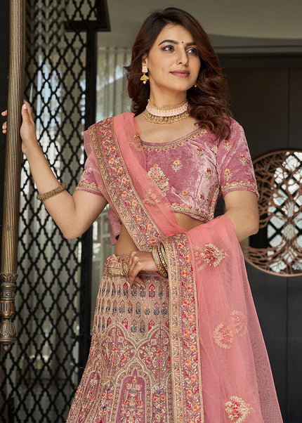 Mauve and Gold Embroidered Velvet Lehenga