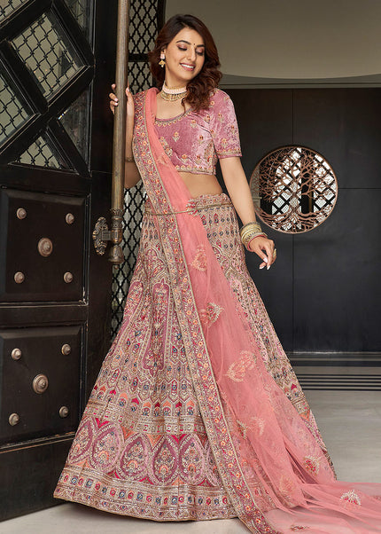 Mauve and Gold Embroidered Velvet Lehenga