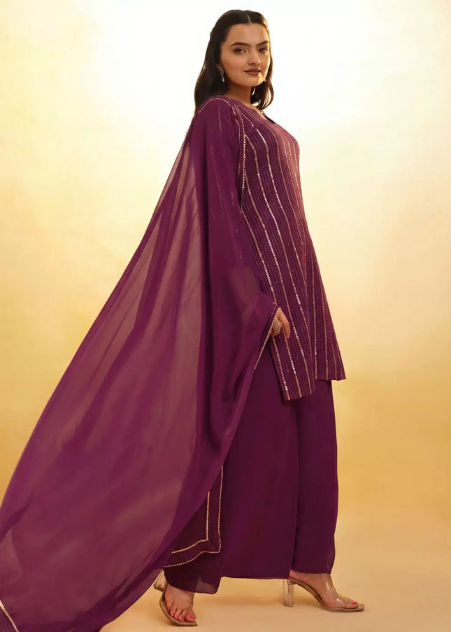 Purple Embroidered Sharara Suit