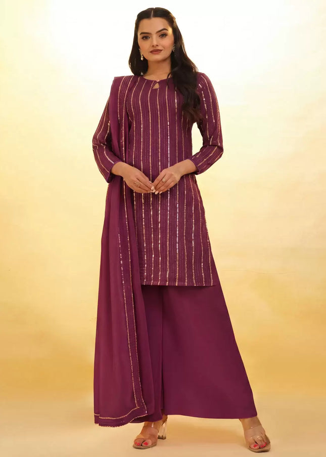 Purple Embroidered Sharara Suit