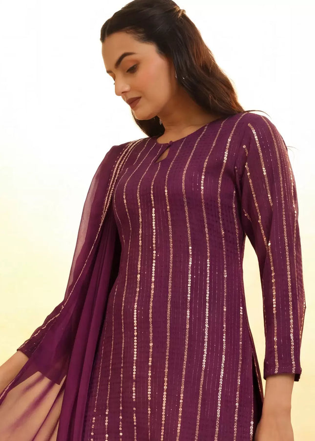Purple Embroidered Sharara Suit