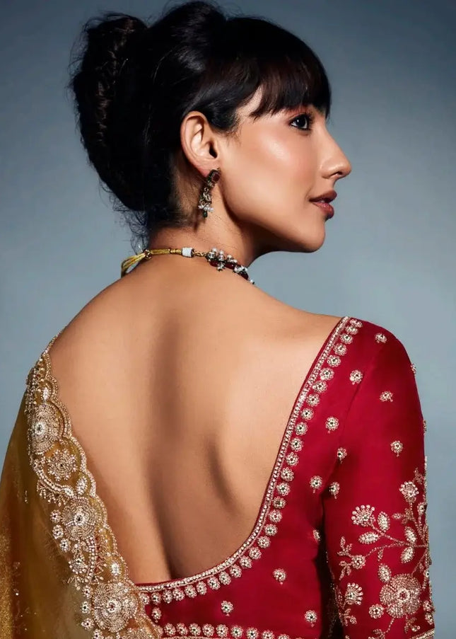 Mustard Yellow and Pink Embroidered Wedding Saree