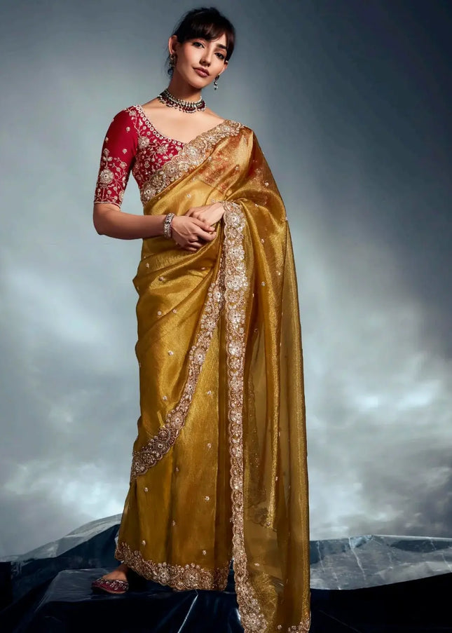 Mustard Yellow and Pink Embroidered Wedding Saree