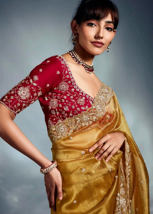 Mustard Yellow and Pink Embroidered Wedding Saree