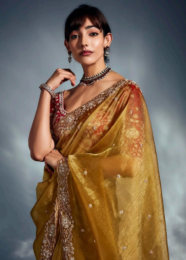 Mustard Yellow and Pink Embroidered Wedding Saree