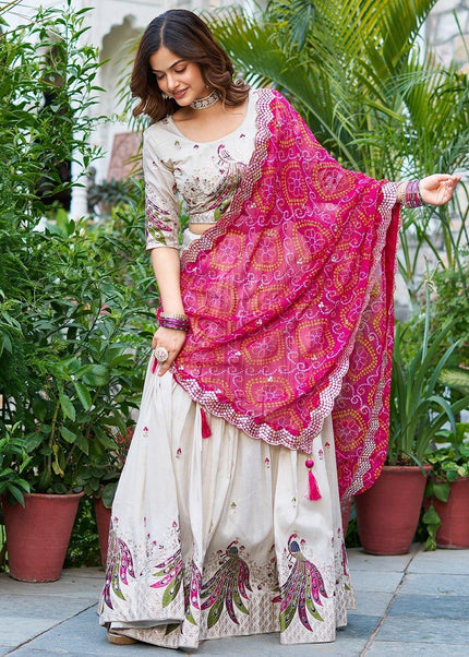Offwhite and Pink Embroidered Lehenga Choli