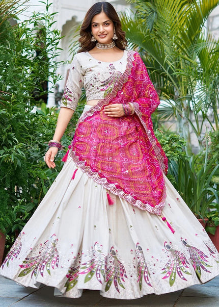 Offwhite and Pink Embroidered Lehenga Choli