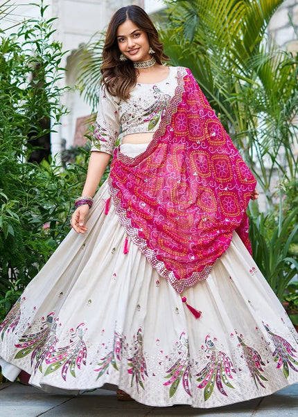 Offwhite and Pink Embroidered Lehenga Choli