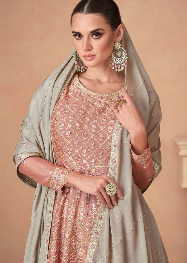 Peach  Embroidered Palazzo Suit
