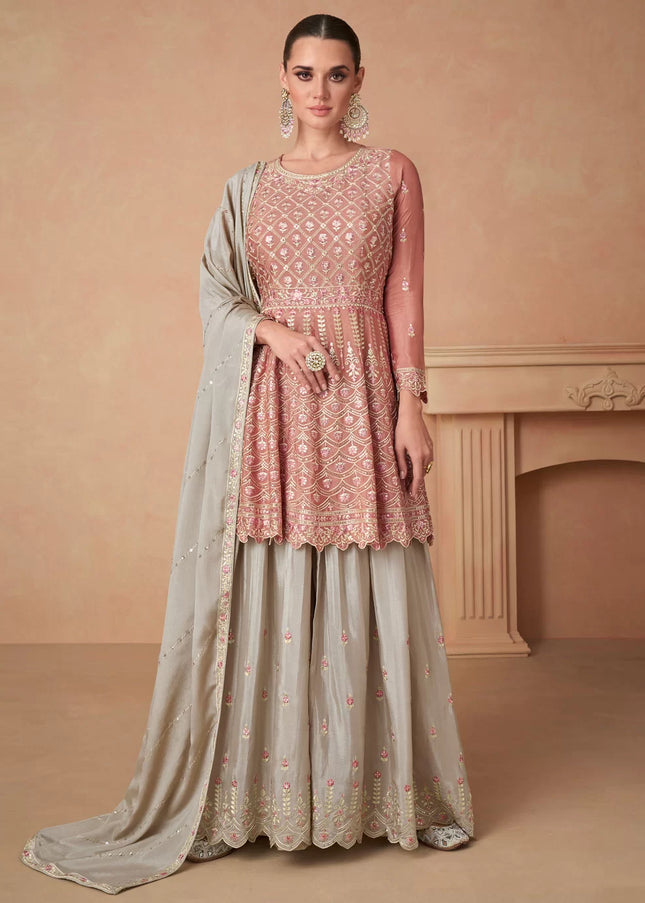 Peach  Embroidered Palazzo Suit
