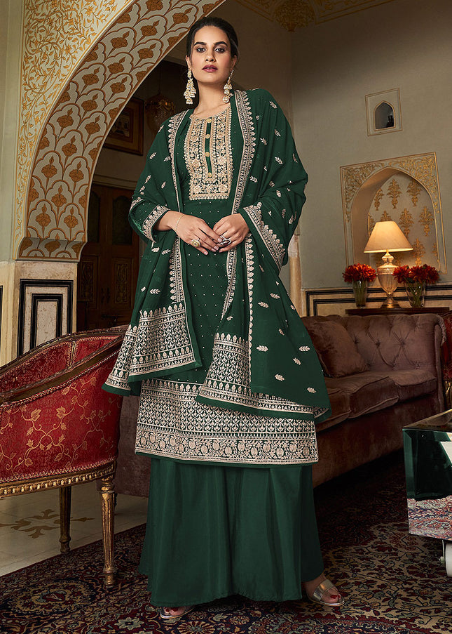 Green and Gold Embroidered Palazzo Suit