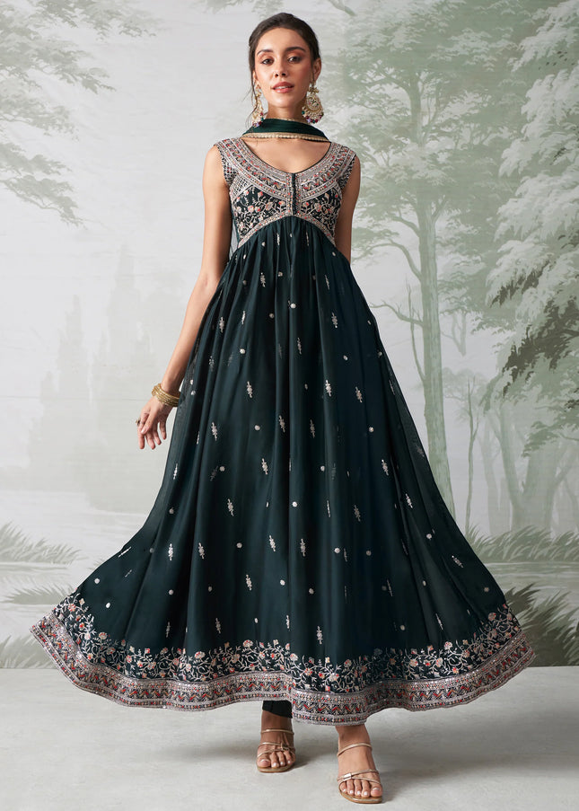 Dark Green Embroidered Anarkali Gown